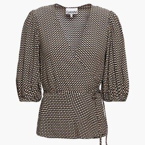 GANNI Tannin Checkered V-Neck Crossover Wrap Top Blouse Puff Sleeve Navy/Tan/Whi